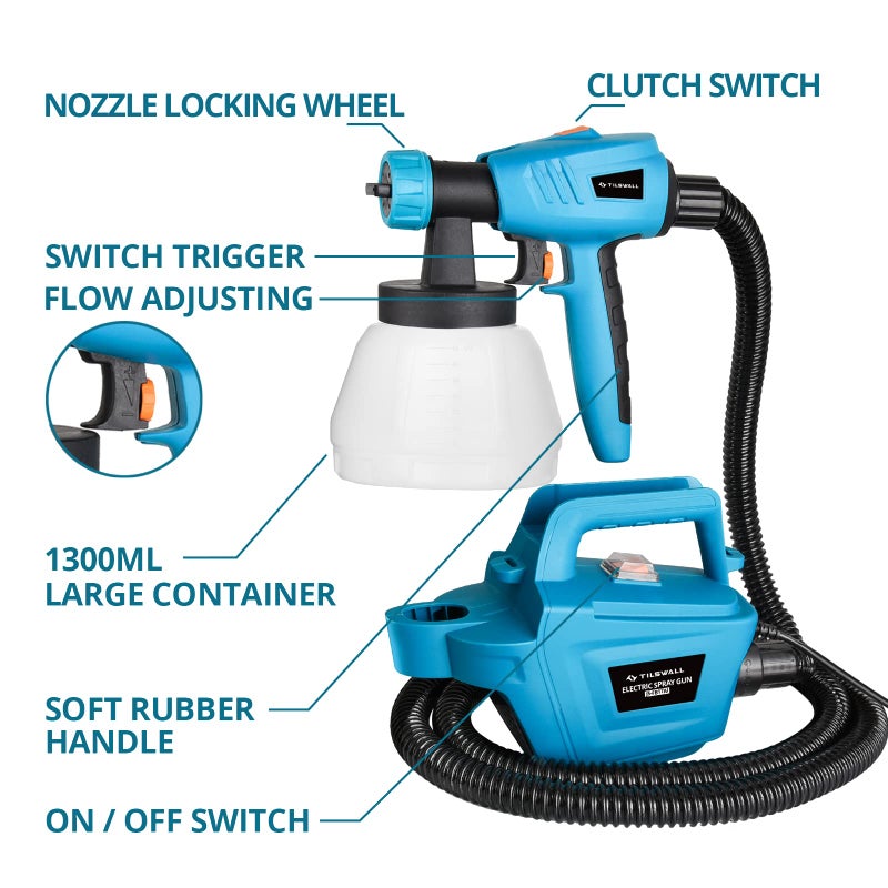 Tilswall Paint Sprayer, 800W HVLP 1200ML/Min Electric Spray Paint Gun with 2.5M Air Hose, 1300ML Detachable Container, 3 Nozzle Sizes & 3 Patterns, High Power Painter for Furniture, Cabinet, Fence - Image 4